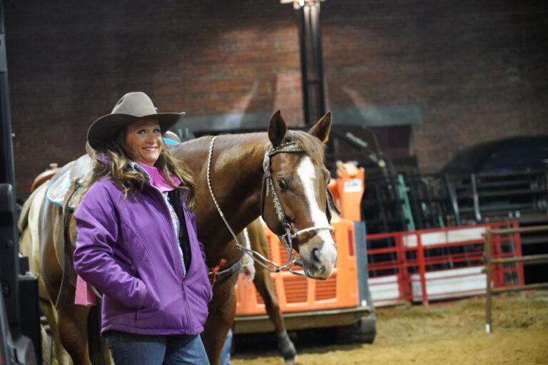 Barrel racer Stephanie Fryar with her horse, Frank